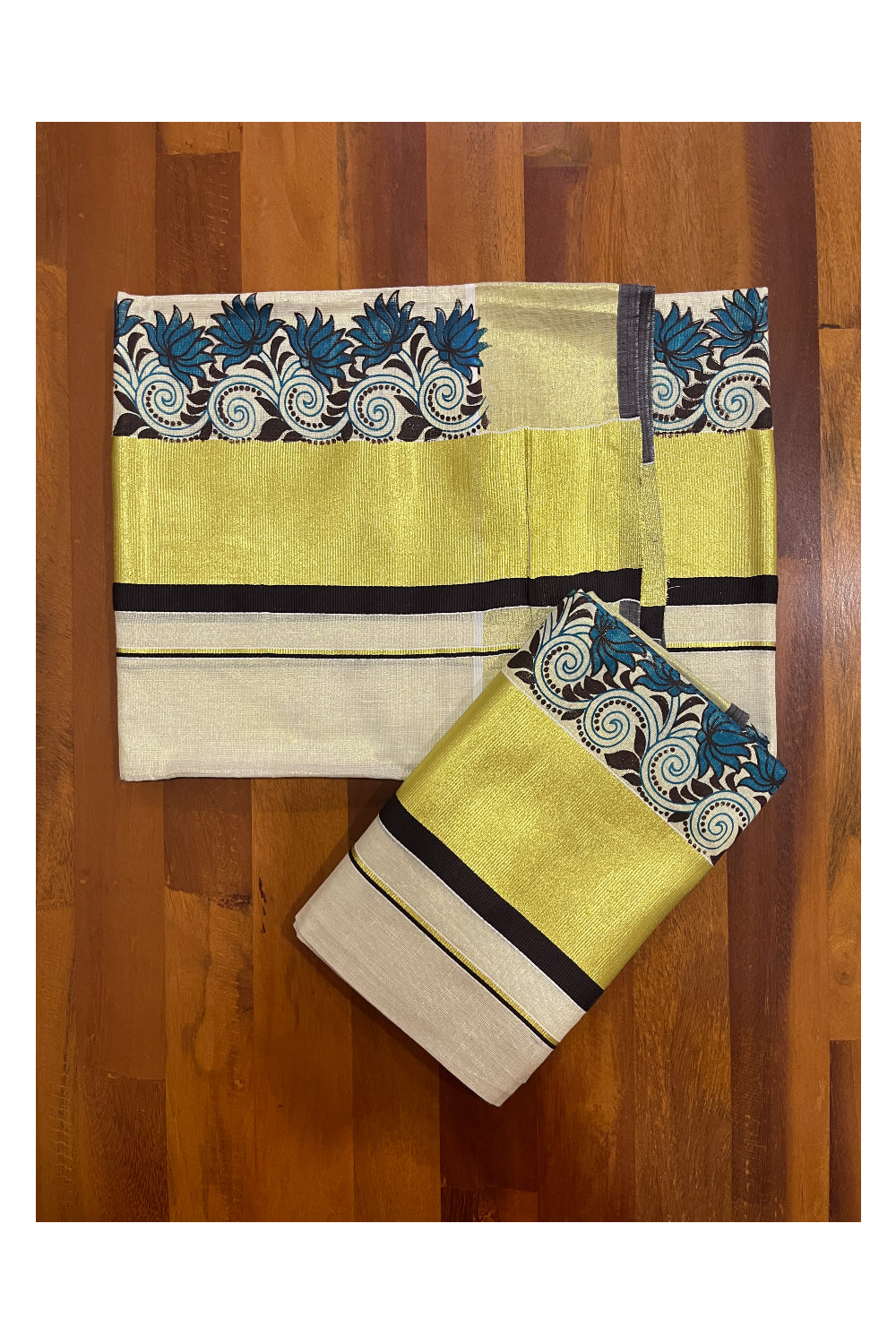 Kerala Tissue Mundum Neriyathum Single (Set Mundu) with Floral Block Prints and Brown Kasavu Border 2.80 Mtrs