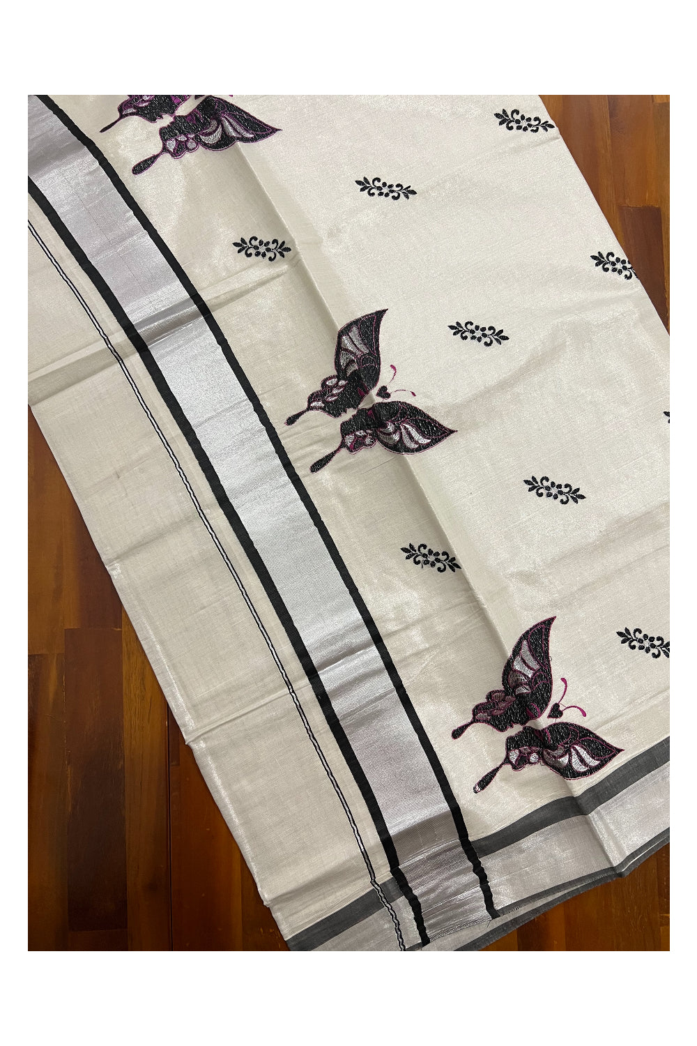 Kerala SIlver Tissue Kasavu Saree with Black Butterfly Embroidery Design