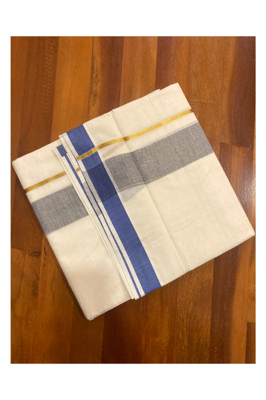 Off White Kerala Double Mundu with Blue and Kasavu Line Border (South Indian Dhoti)