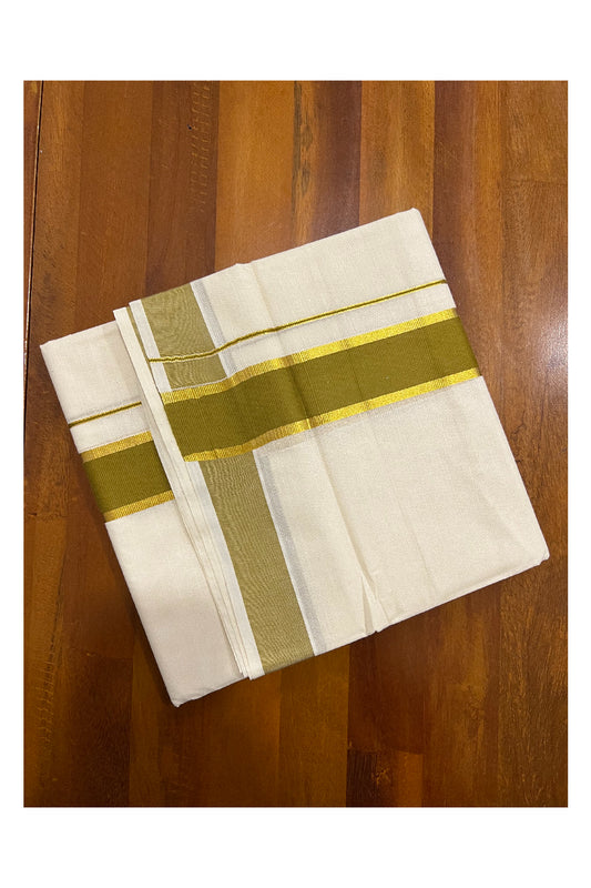 Off White Kerala Double Mundu with Kasavu and Olive Yellow Border (South Indian Dhoti)