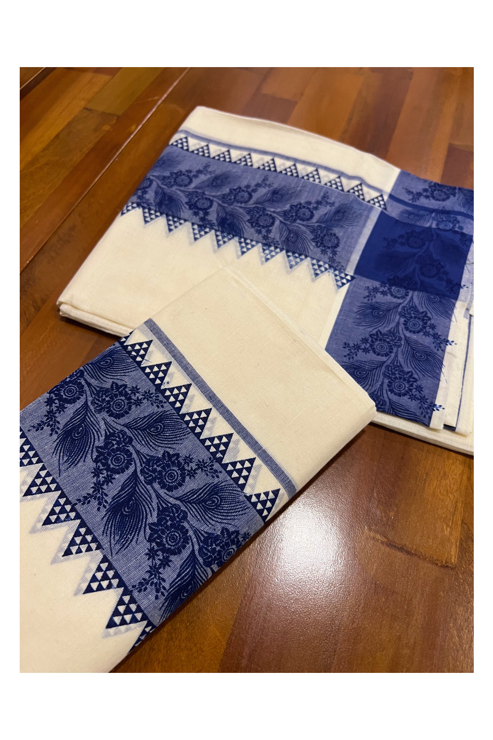 Kerala Cotton Set Mundu (Mundum Neriyathum) with Blue Feather Floral Temple Block Prints on Border