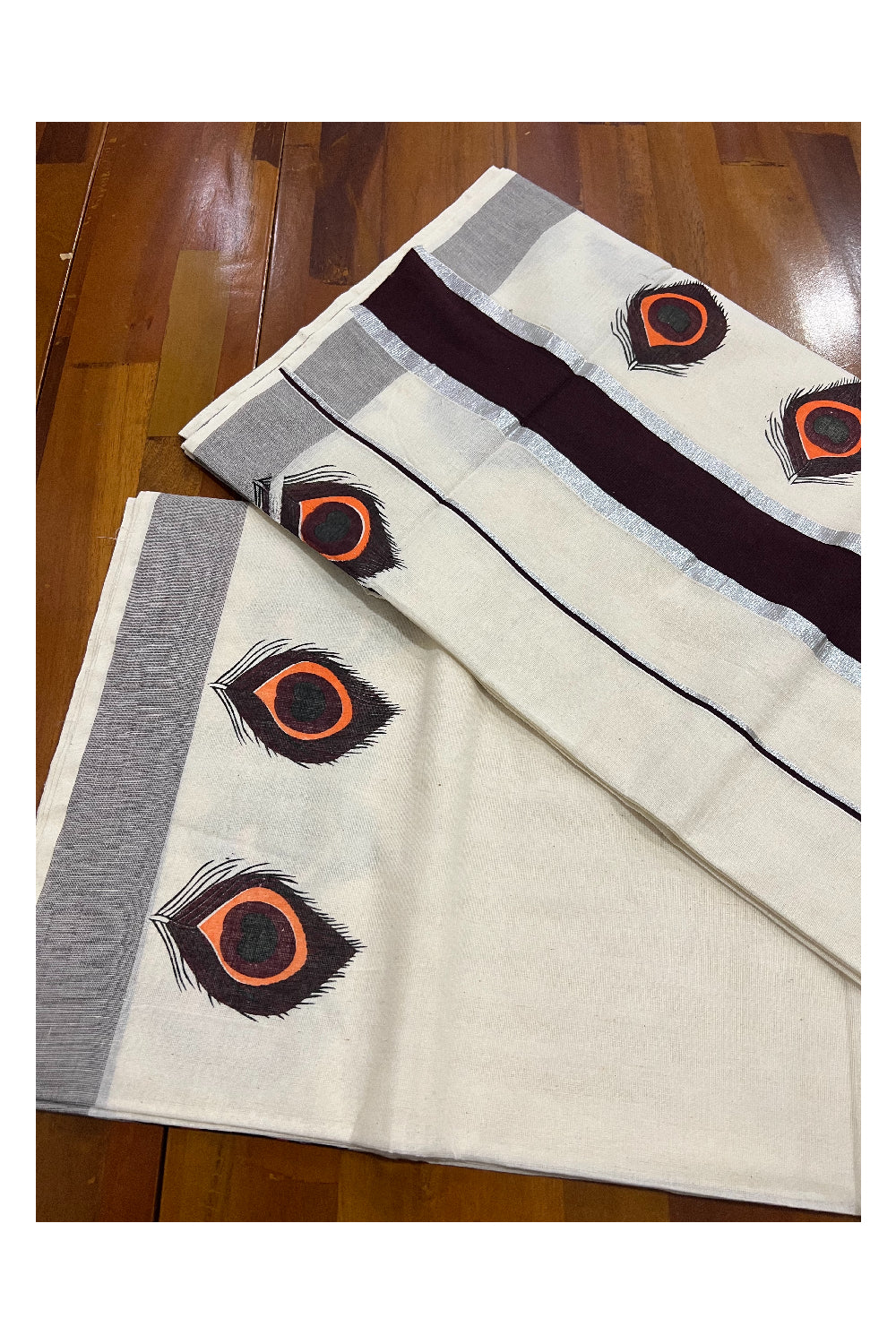 Pure Cotton Silver Kasavu and Dark Brown Border Kerala Saree with Feather Block Printed Design