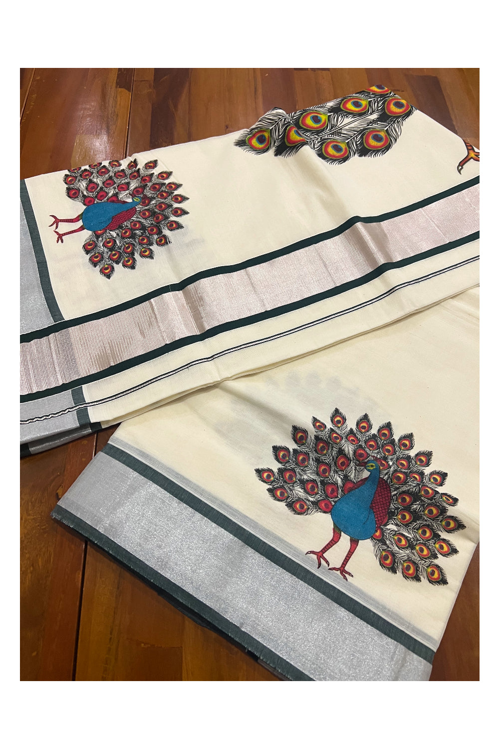 Kerala Pure Cotton Silver Kasavu Saree with Mural Peacock Printed and Dark Green Border