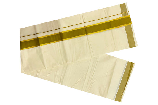 Off White Kerala Double Mundu with Kasavu and Olive Yellow Border (South Indian Dhoti)