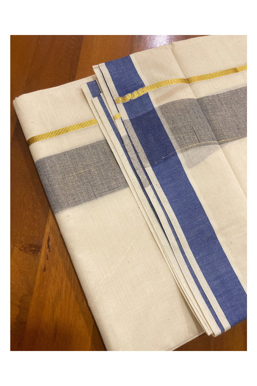 Off White Kerala Double Mundu with Blue and Kasavu Line Border (South Indian Dhoti)