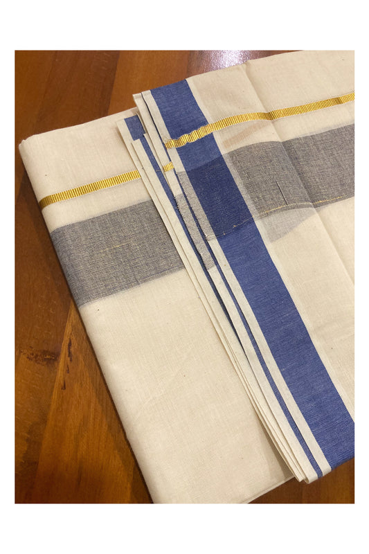 Off White Kerala Double Mundu with Blue and Kasavu Line Border (South Indian Dhoti)