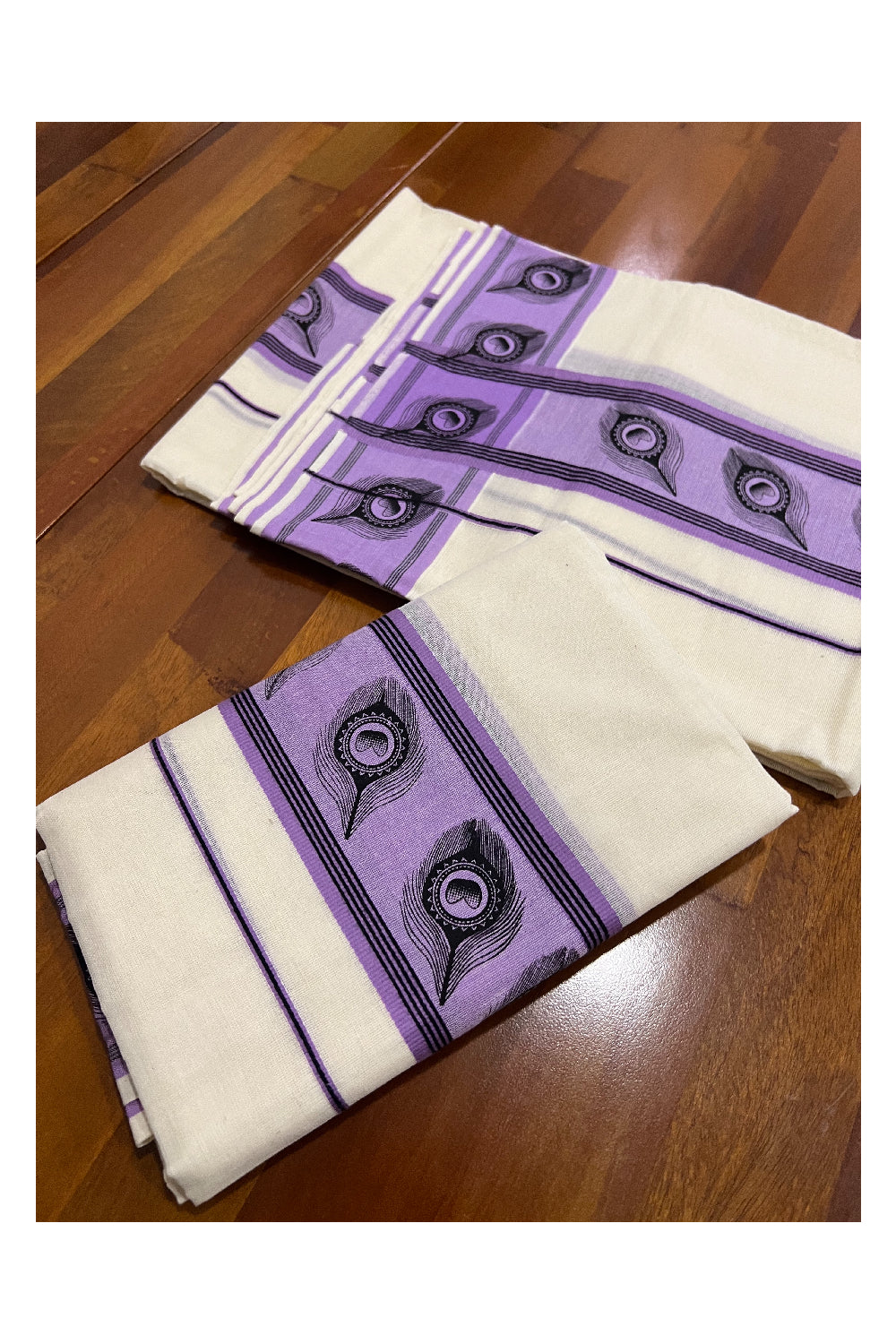 Kerala Cotton Set Mundu (Mundum Neriyathum) with Black Feather Block Prints in Violet Border