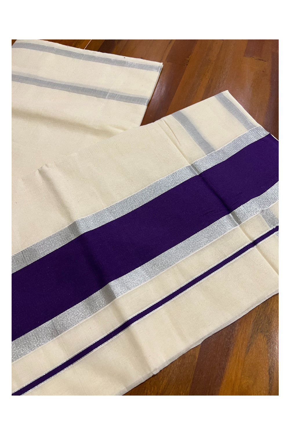 Pure Cotton Kerala Plain Saree with Silver Kasavu and Dark Violet Pallu