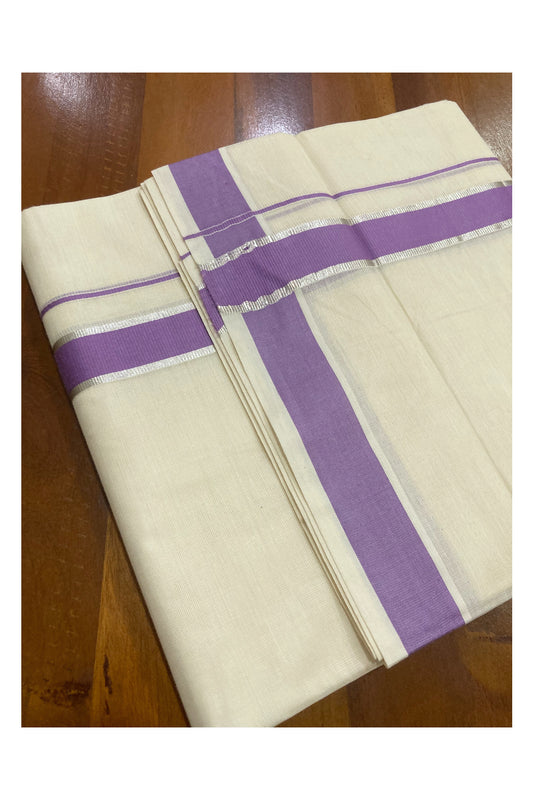 Off White Pure Cotton Double Mundu with Silver Kasavu and Violet Border (South Indian Kerala Dhoti)