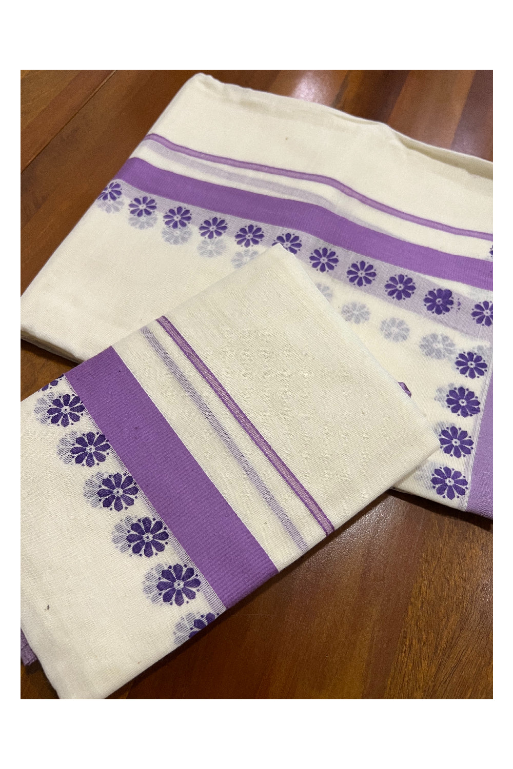 Pure Cotton Set Mundu (Mundum Neriyathum) with Violet Floral Block Prints on Border