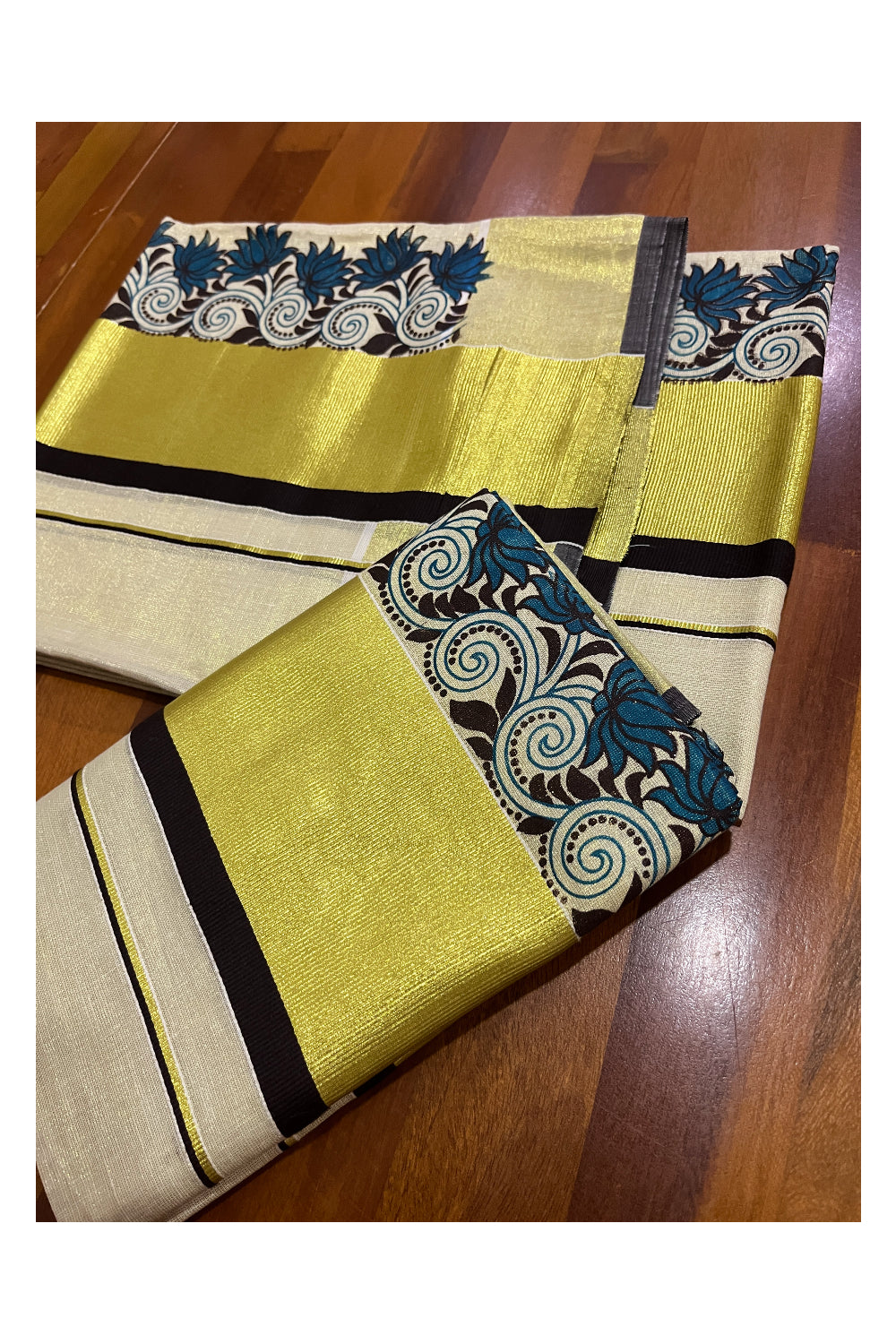 Kerala Tissue Mundum Neriyathum Single (Set Mundu) with Floral Block Prints and Brown Kasavu Border 2.80 Mtrs