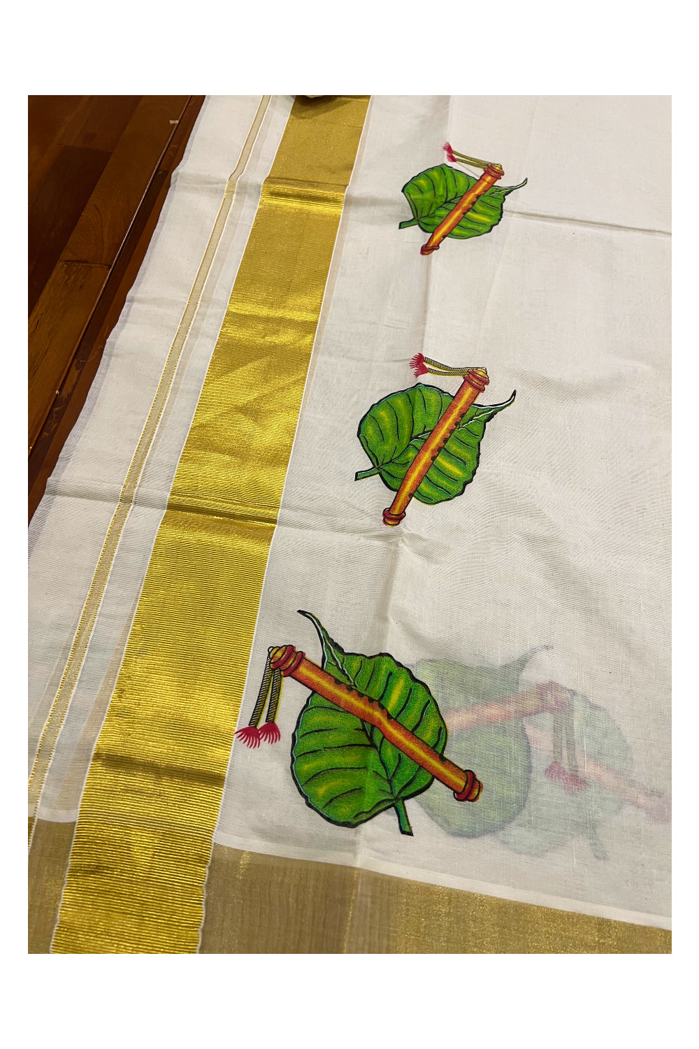 Pure Cotton Kasavu Set Mundu (Mundum Neriyathum) with Leaf and Flute Mural Prints on Border 2.80 Mtrs