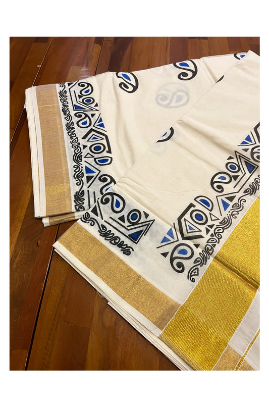 Pure Cotton Off White Kerala Kasavu Saree with Black and Blue Block Prints on Border