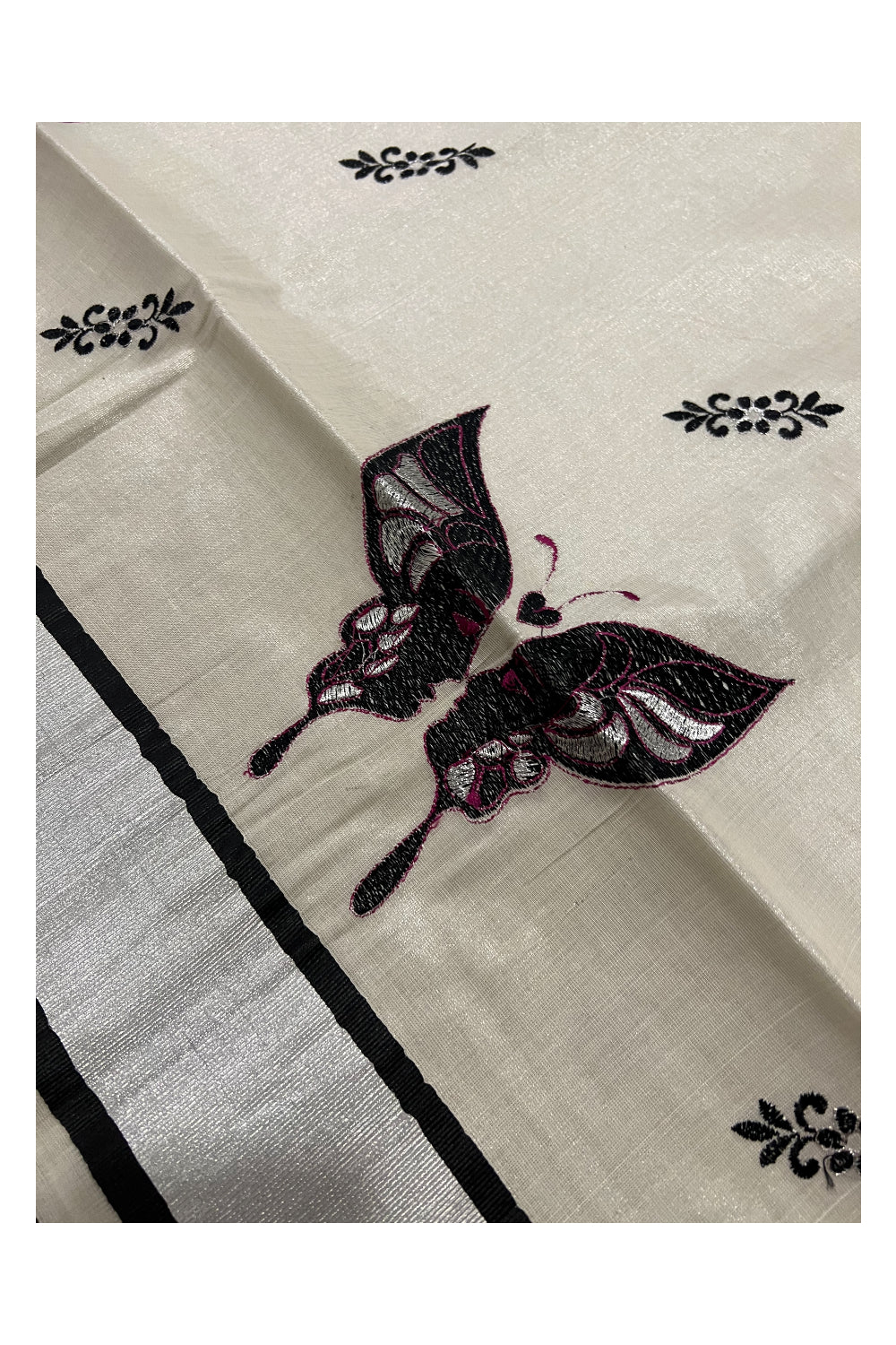 Kerala SIlver Tissue Kasavu Saree with Black Butterfly Embroidery Design