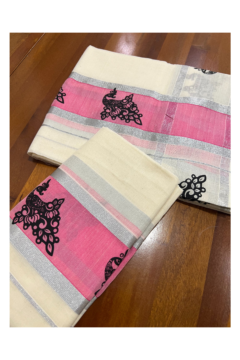Kerala Cotton Set Mundu (Mundum Neriyathum) with Silver Kasavu and Black Block Prints on Pink Border
