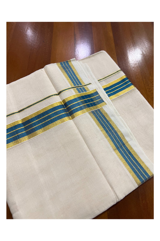 Southloom Balaramapuram Handloom Pure Cotton Mundu with Golden and Blue Kasavu Border (South Indian Dhoti)