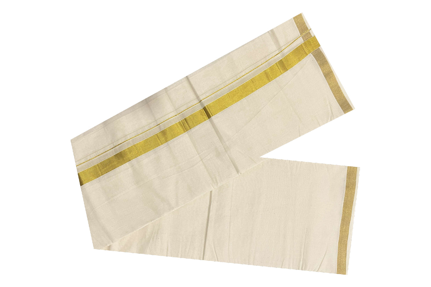 Off White Pure Cotton Double Mundu with 1 inch Kasavu Kara (South Indian Kerala Dhoti)