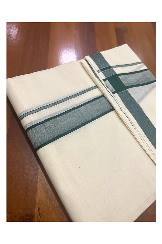 Pure Cotton Off White Double Mundu with Green Border (South Indian Dhoti)