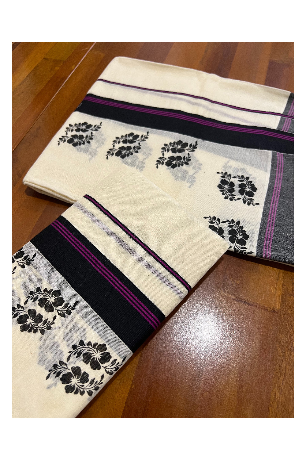 Pure Cotton Set Mundu (Mundum Neriyathum) with Black Floral Block Prints and Violet Lines on Border