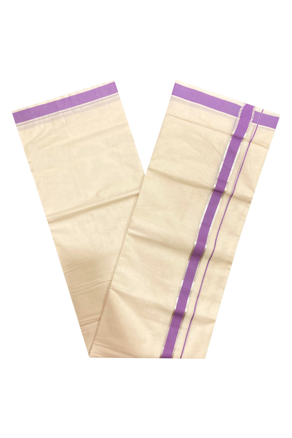 Off White Pure Cotton Double Mundu with Silver Kasavu and Violet Border (South Indian Kerala Dhoti)