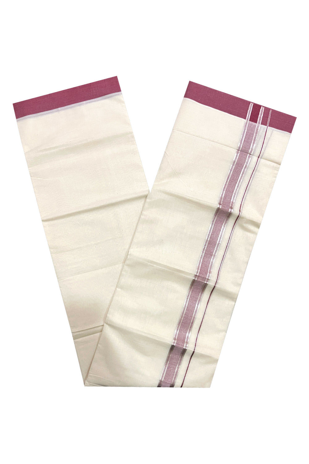 Cotton Off White Double Mundu with Maroon and Silver Kara (South Indian Dhoti)