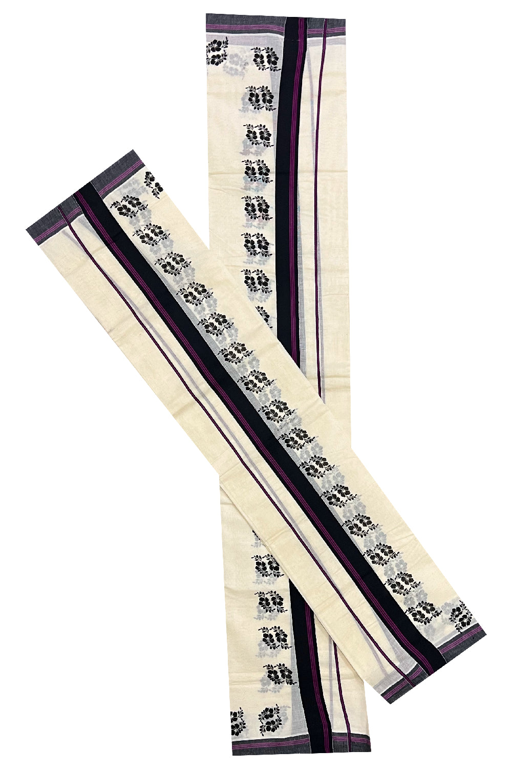 Pure Cotton Set Mundu (Mundum Neriyathum) with Black Floral Block Prints and Violet Lines on Border