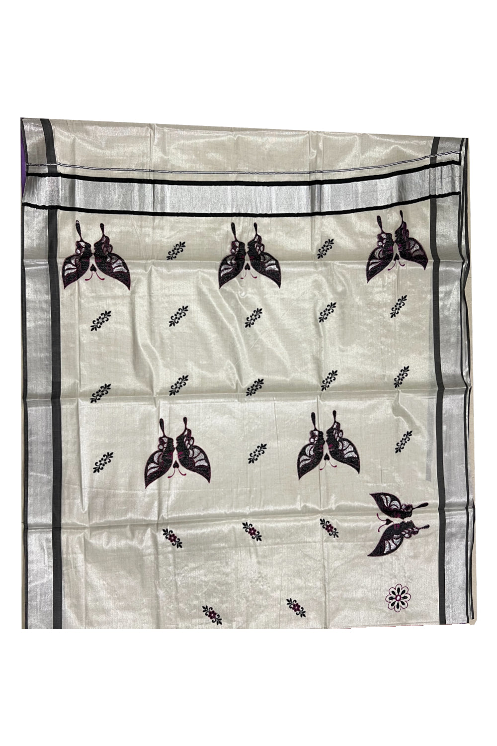 Kerala SIlver Tissue Kasavu Saree with Black Butterfly Embroidery Design