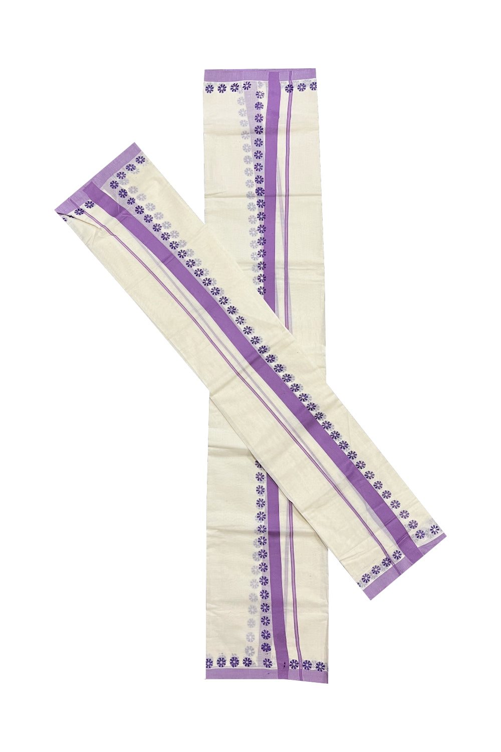 Pure Cotton Set Mundu (Mundum Neriyathum) with Violet Floral Block Prints on Border