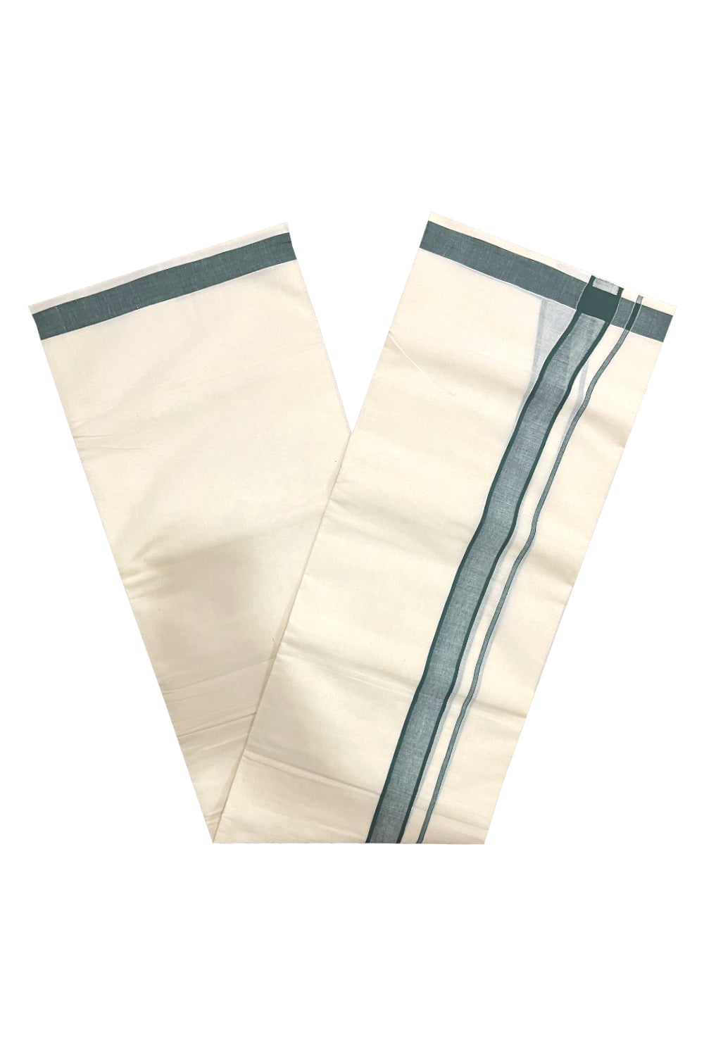 Pure Cotton Off White Double Mundu with Green Border (South Indian Dhoti)