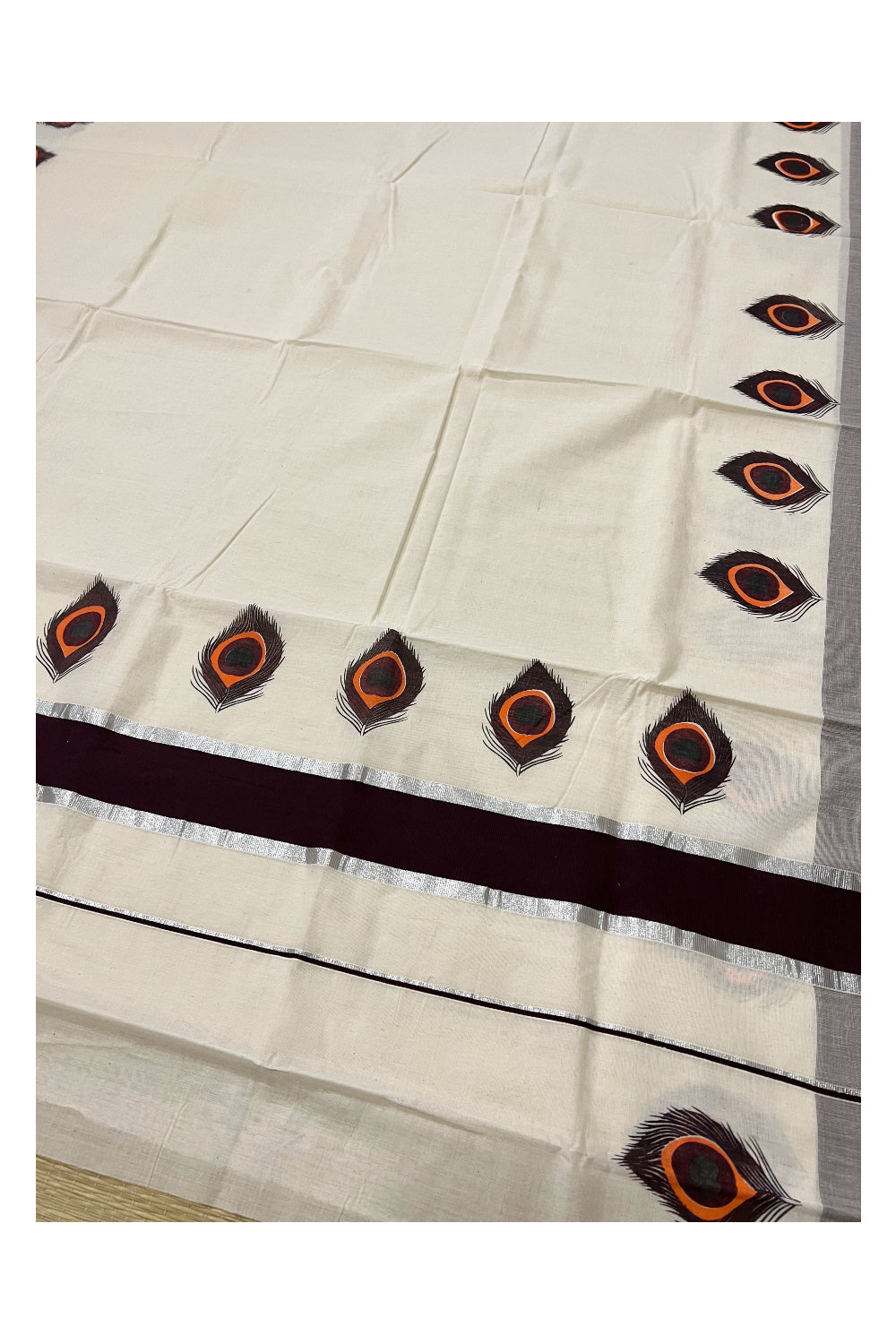 Pure Cotton Silver Kasavu and Dark Brown Border Kerala Saree with Feather Block Printed Design