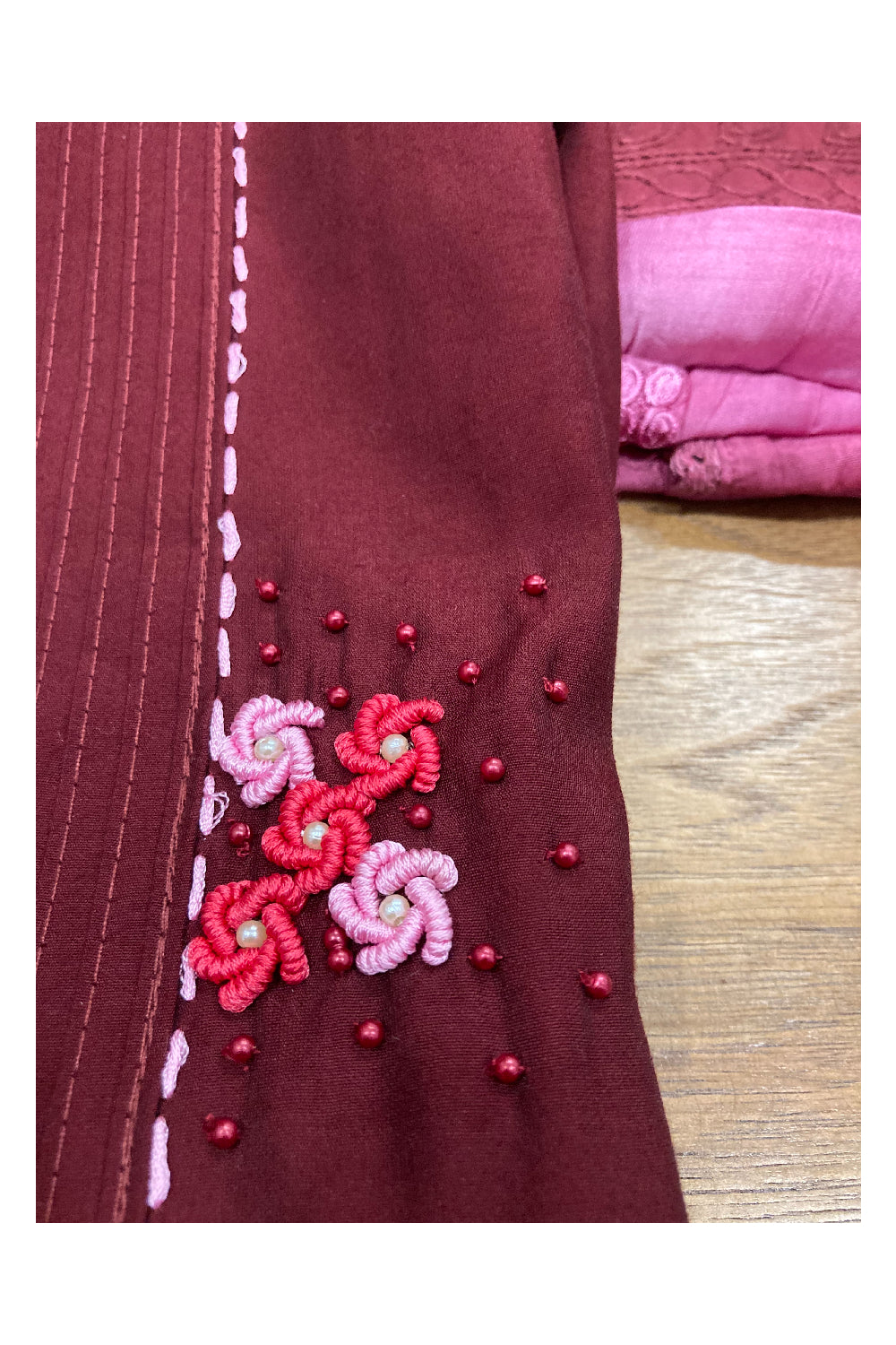 Southloom™ Semi Tussar Churidar Salwar Suit Material in Maroon and Thread Work in Yoke Portion