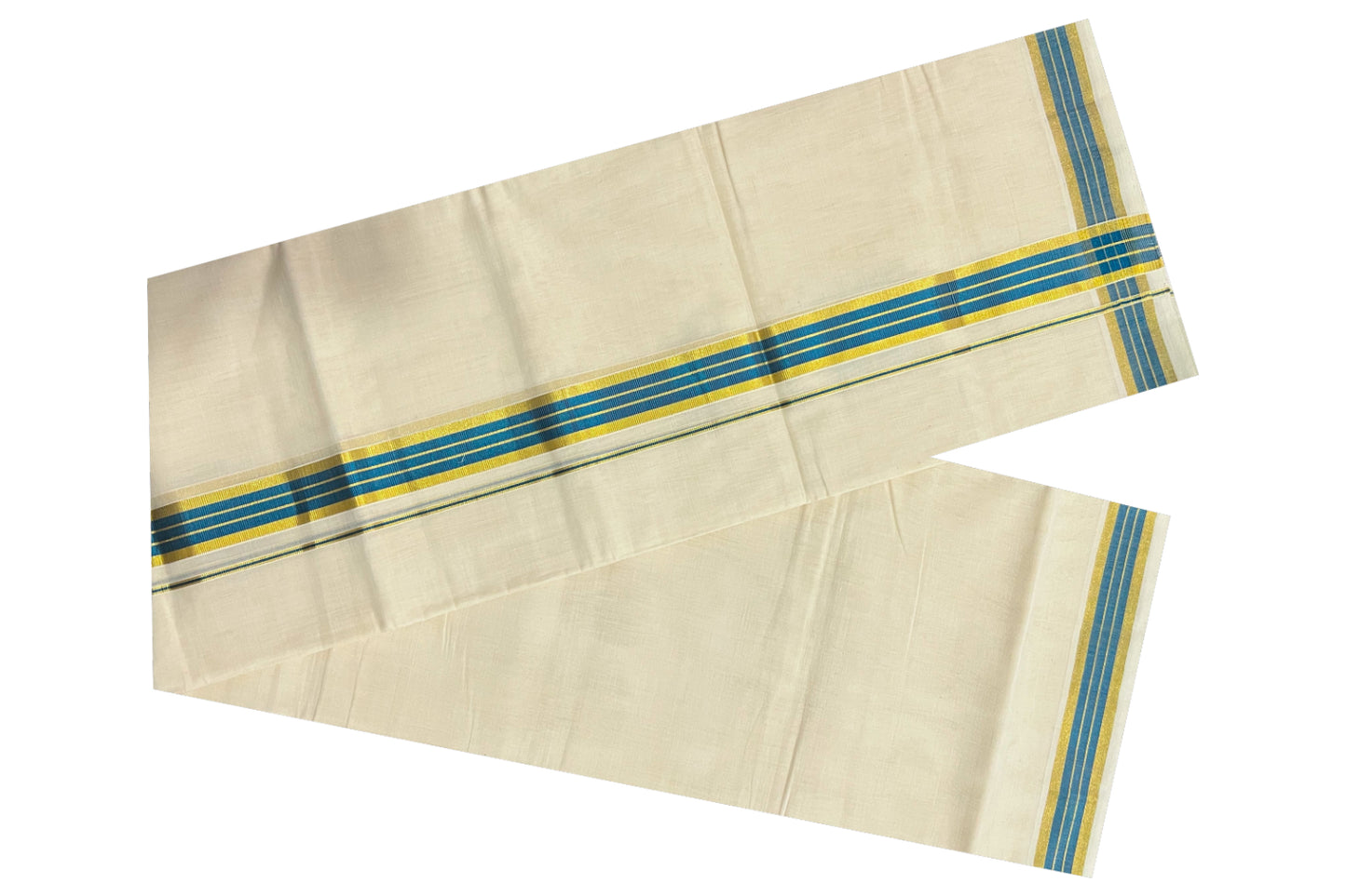 Southloom Balaramapuram Handloom Pure Cotton Mundu with Golden and Blue Kasavu Border (South Indian Dhoti)