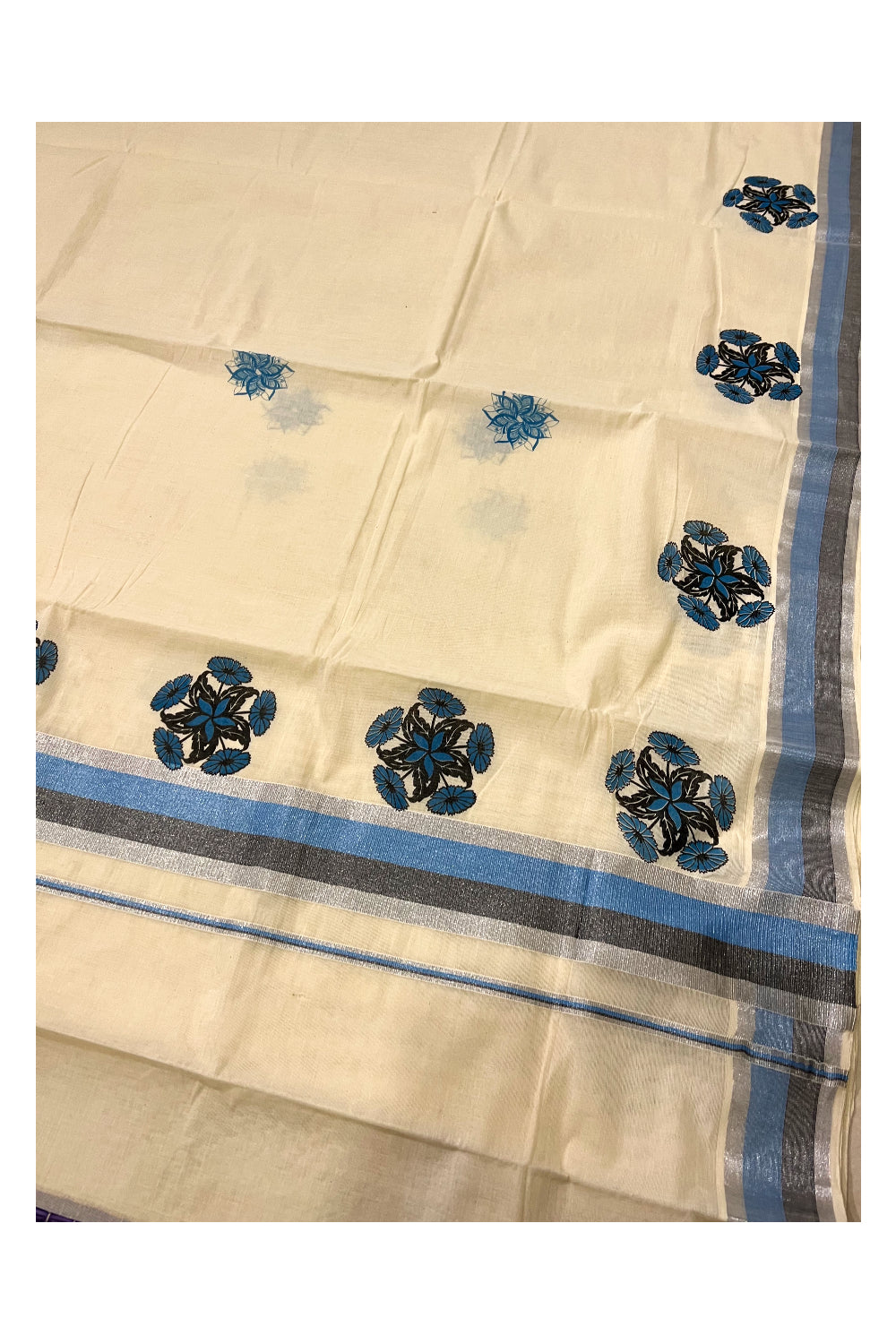 Pure Cotton Kerala Silver Kasavu and Black Blue Border Saree with Floral Block Prints