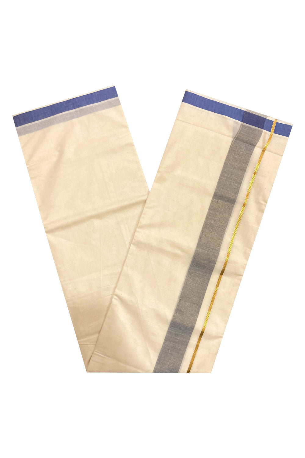 Off White Kerala Double Mundu with Blue and Kasavu Line Border (South Indian Dhoti)