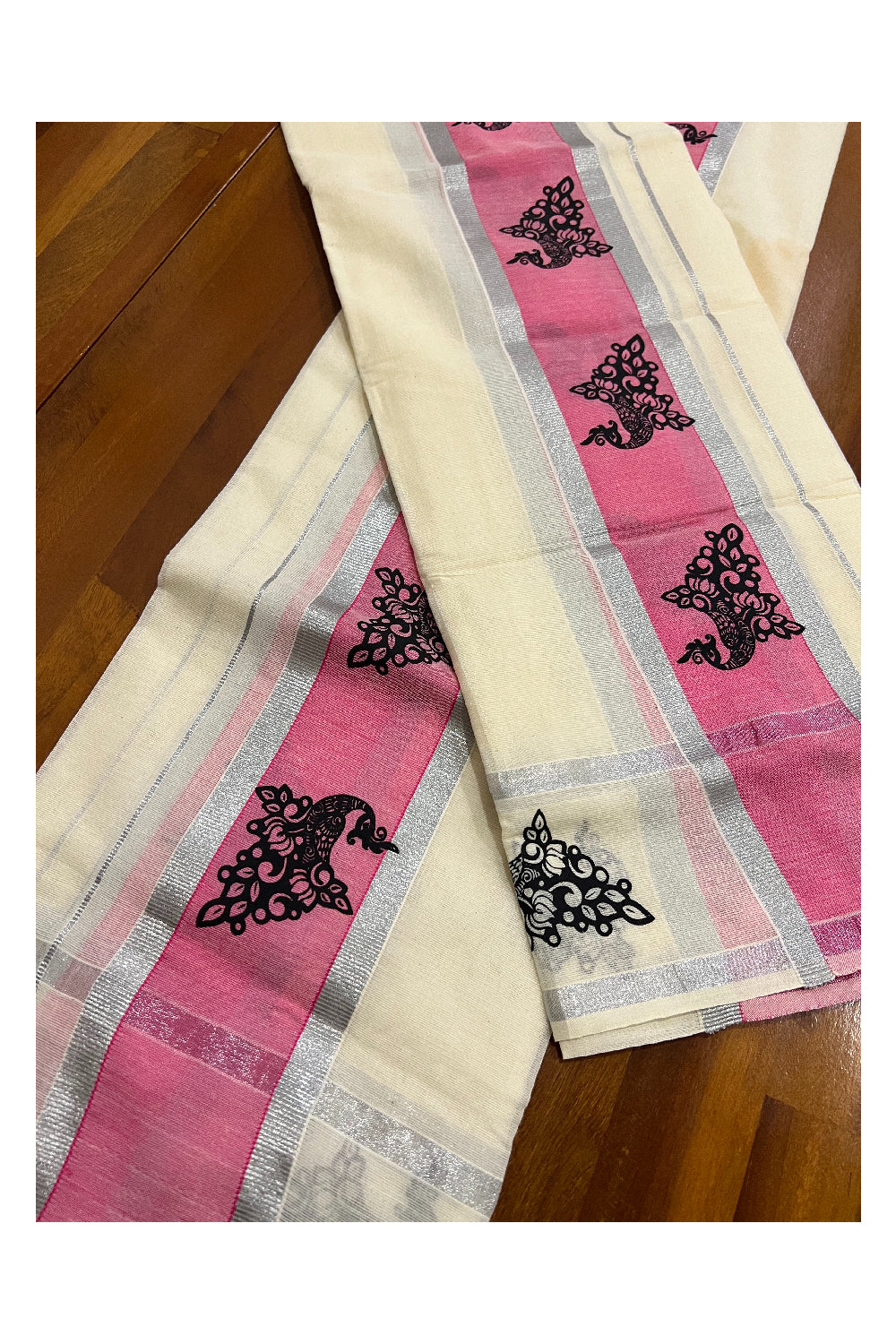 Kerala Cotton Set Mundu (Mundum Neriyathum) with Silver Kasavu and Black Block Prints on Pink Border