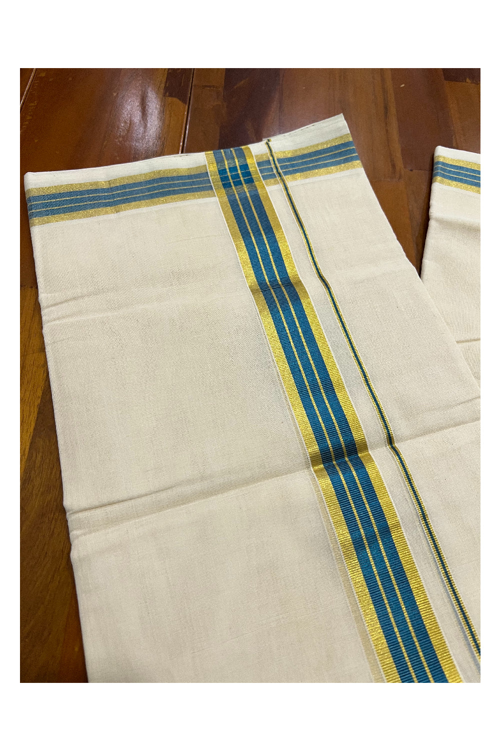 Southloom Balaramapuram Handloom Pure Cotton Mundu with Golden and Blue Kasavu Border (South Indian Dhoti)