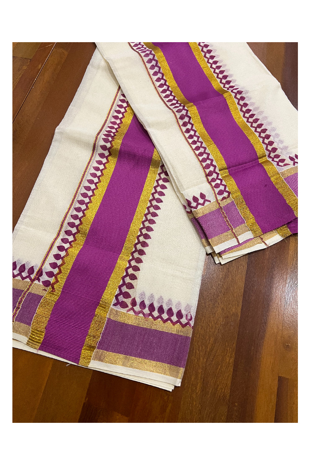 Kerala Cotton Set Mundu (Mundum Neriyathum) with Magenta Block Prints and Kasavu Border