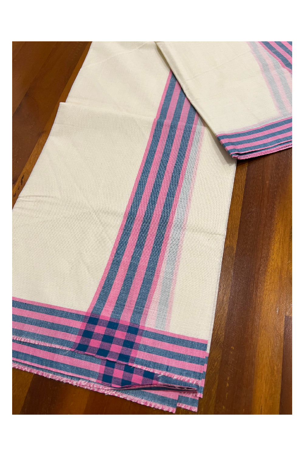 Kerala Cotton Mundum Neriyathum Single (Set Mundu) with Mulloth Design Pink and Green Border (Extra Soft Cotton)