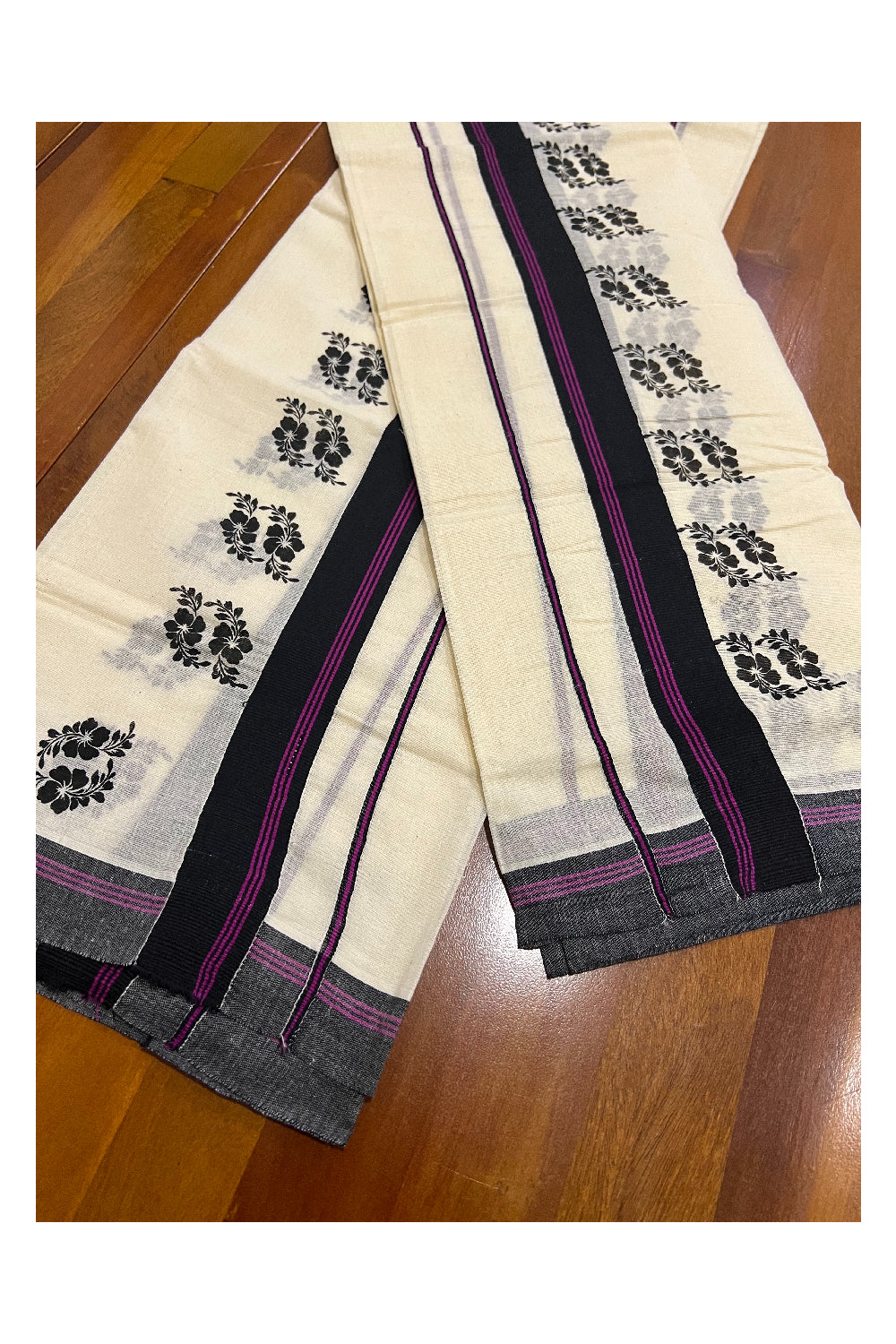 Pure Cotton Set Mundu (Mundum Neriyathum) with Black Floral Block Prints and Violet Lines on Border