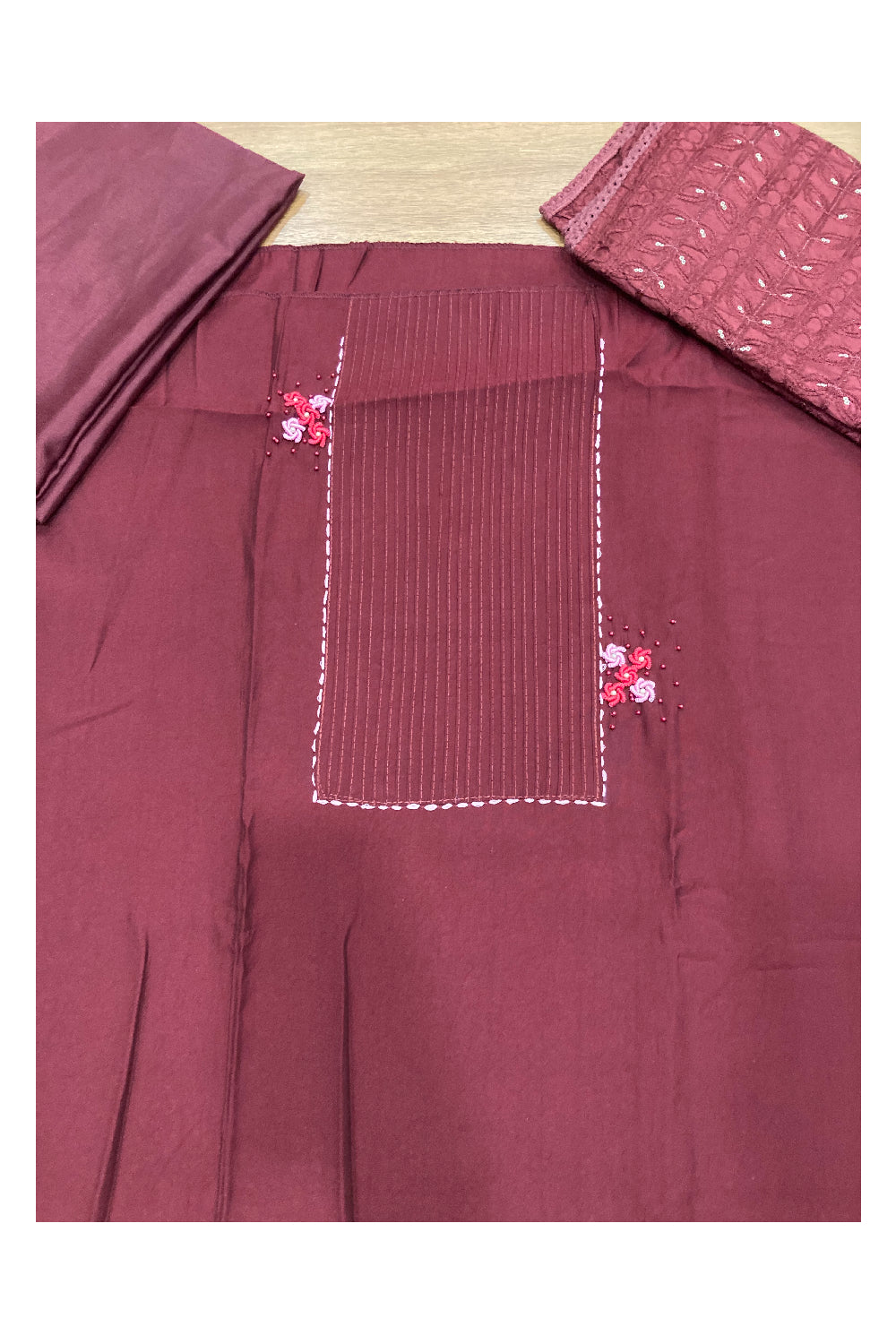 Southloom™ Semi Tussar Churidar Salwar Suit Material in Maroon and Thread Work in Yoke Portion