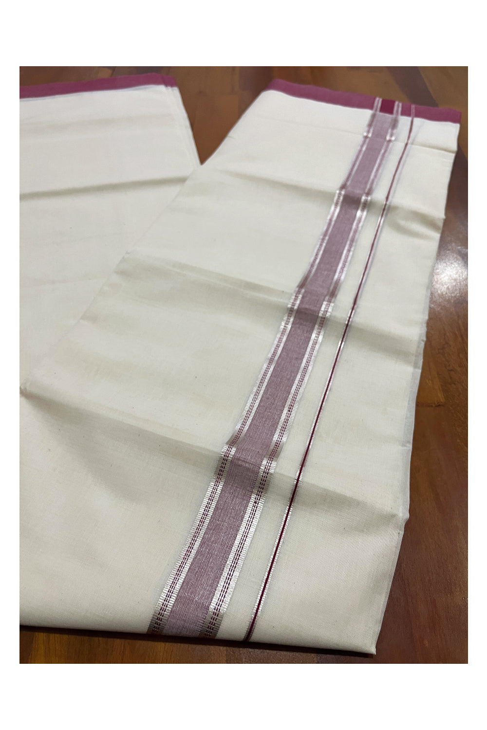 Cotton Off White Double Mundu with Maroon and Silver Kara (South Indian Dhoti)