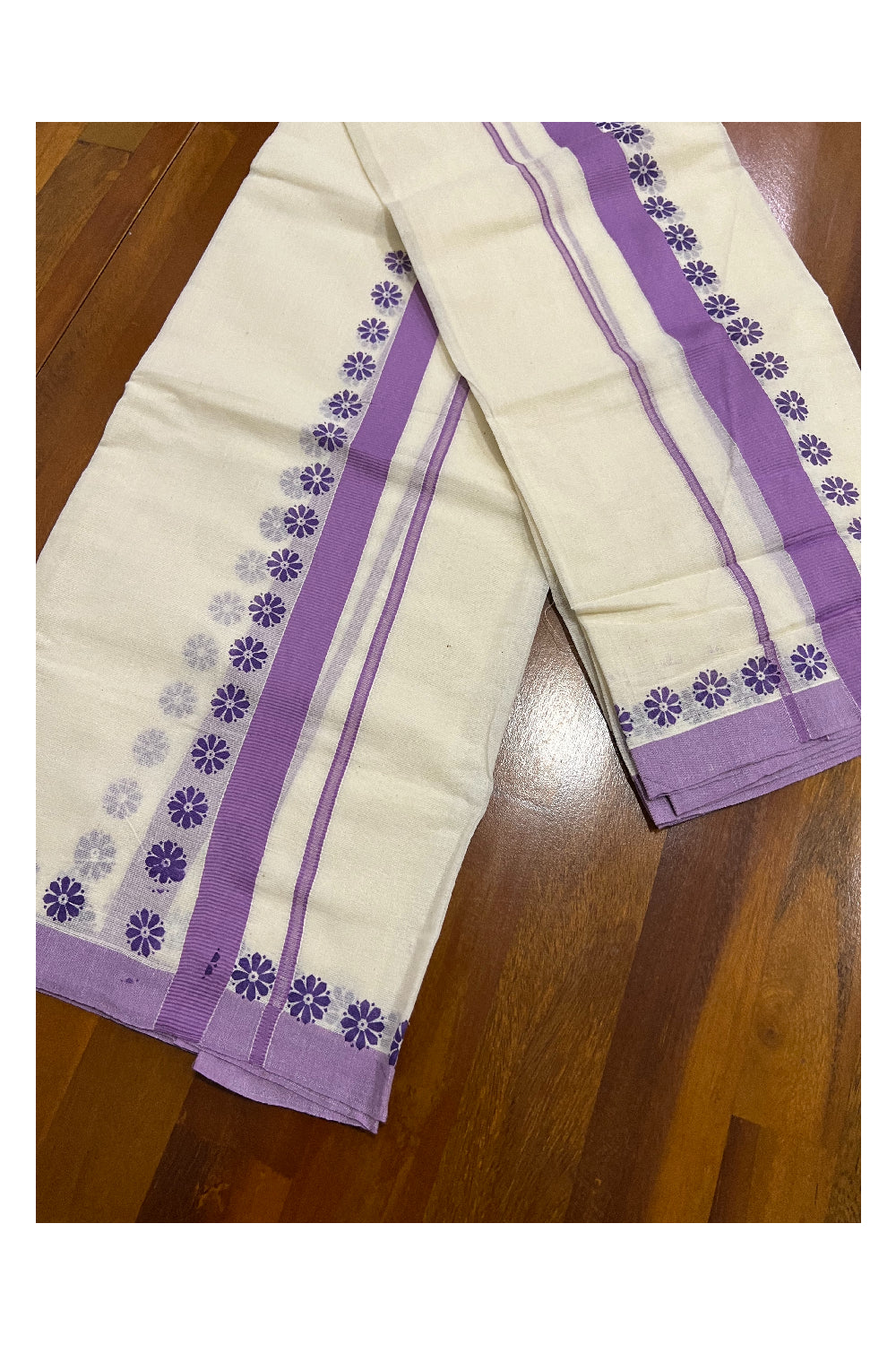 Pure Cotton Set Mundu (Mundum Neriyathum) with Violet Floral Block Prints on Border