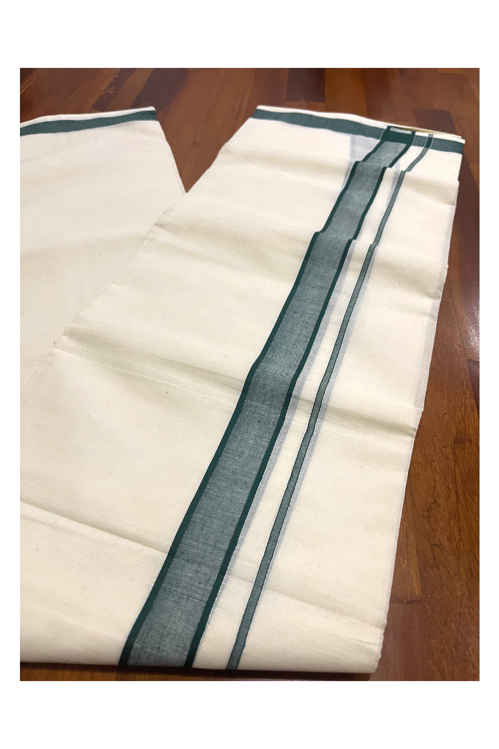 Pure Cotton Off White Double Mundu with Green Border (South Indian Dhoti)