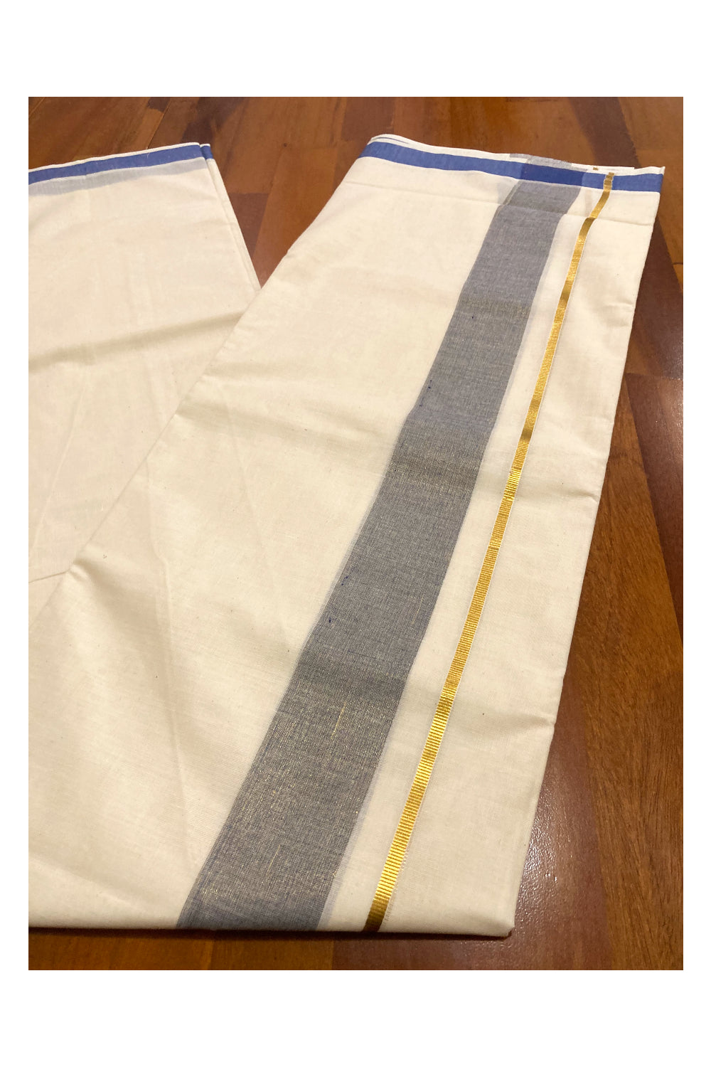 Off White Kerala Double Mundu with Blue and Kasavu Line Border (South Indian Dhoti)