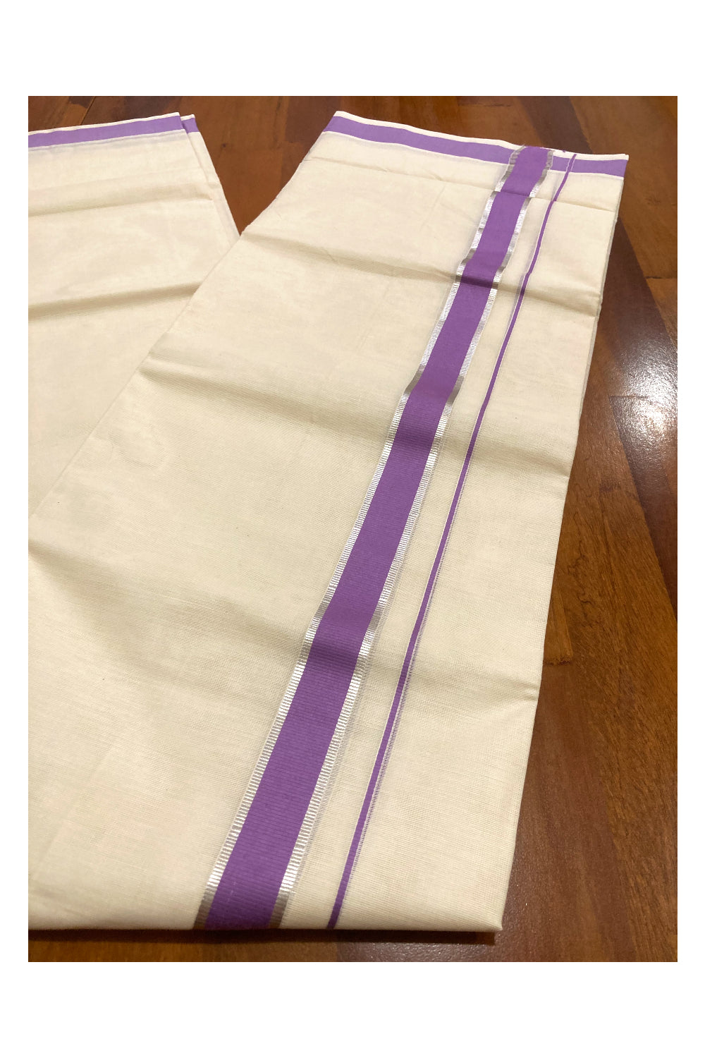 Off White Pure Cotton Double Mundu with Silver Kasavu and Violet Border (South Indian Kerala Dhoti)