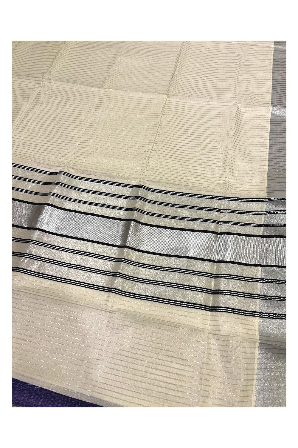 Pure Cotton Kerala Saree with Silver Lines Design on Body and Black Lines on Silver Tissue Pallu