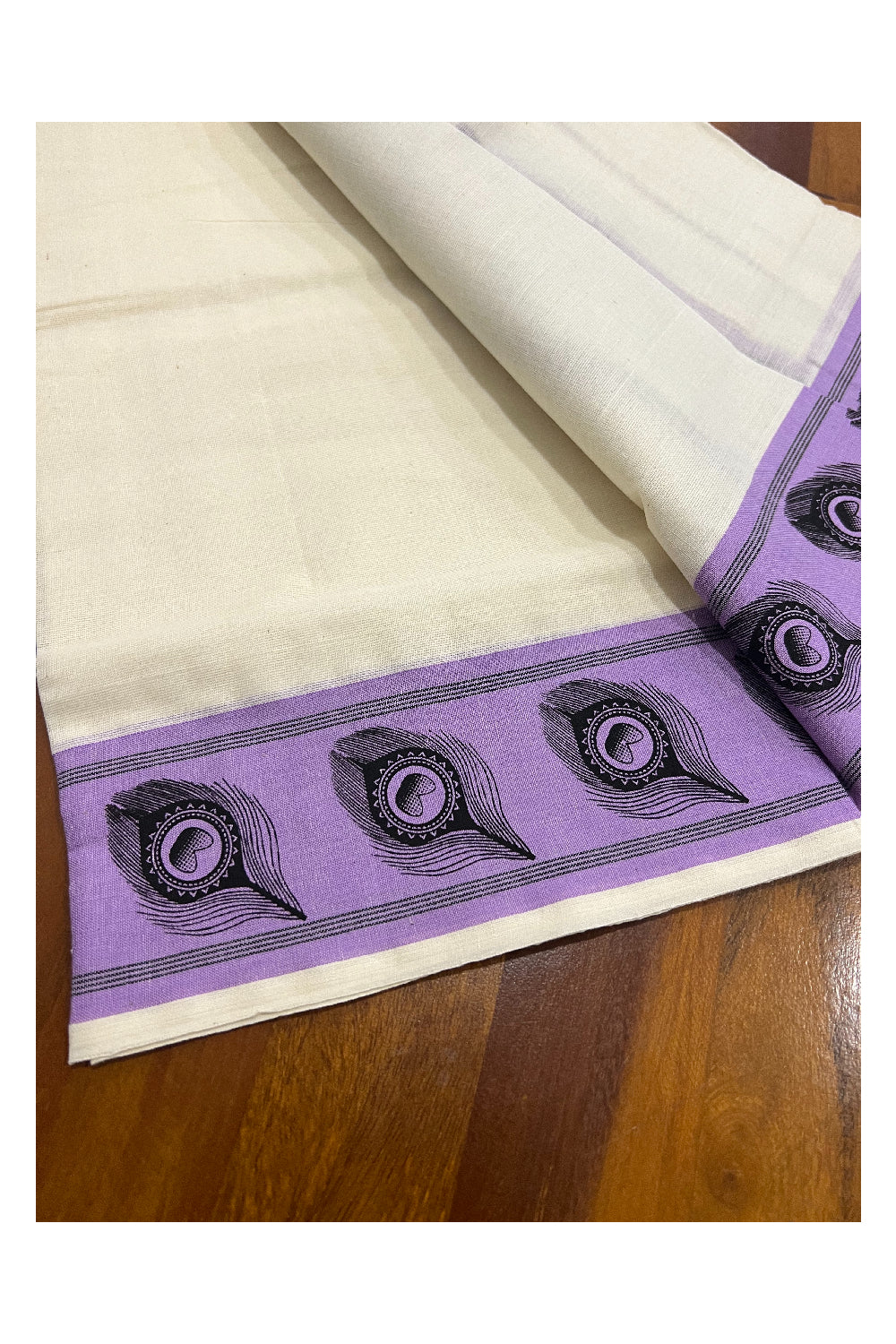 Kerala Cotton Set Mundu (Mundum Neriyathum) with Black Feather Block Prints in Violet Border