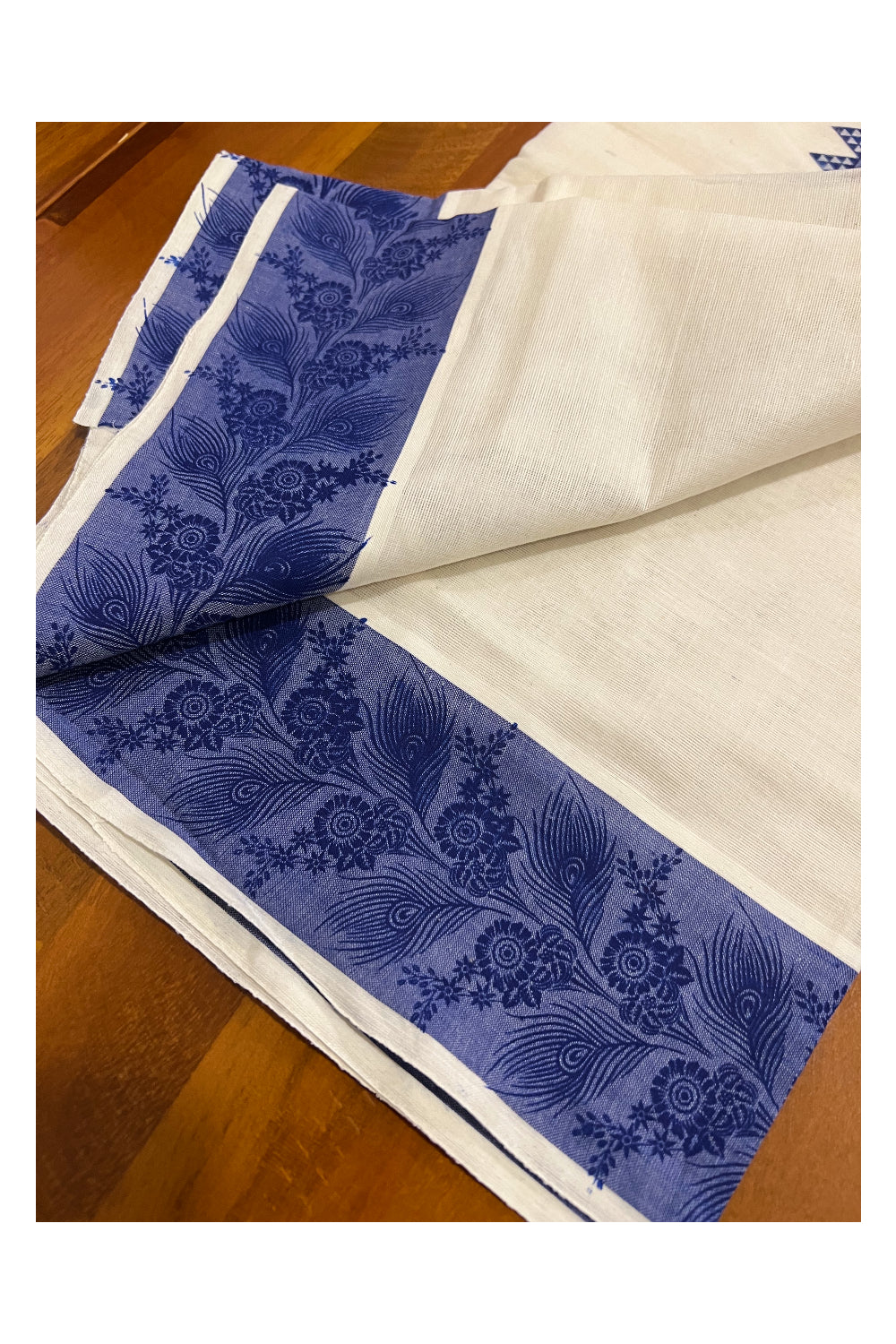 Kerala Cotton Set Mundu (Mundum Neriyathum) with Blue Feather Floral Temple Block Prints on Border