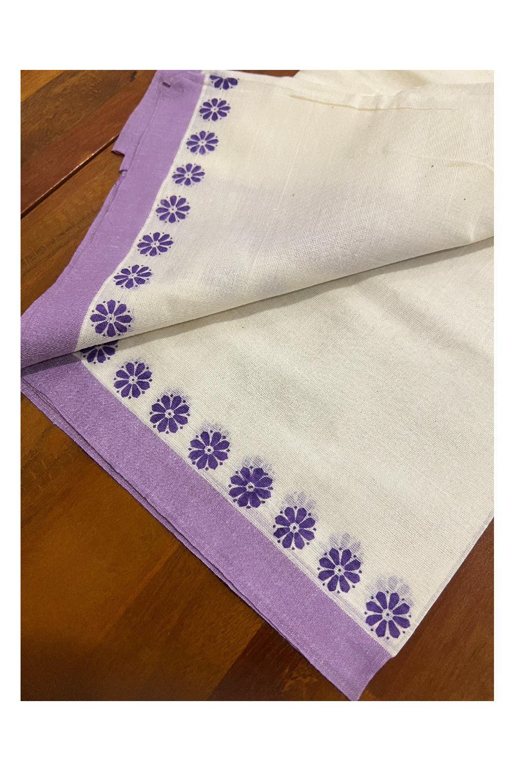 Pure Cotton Set Mundu (Mundum Neriyathum) with Violet Floral Block Prints on Border