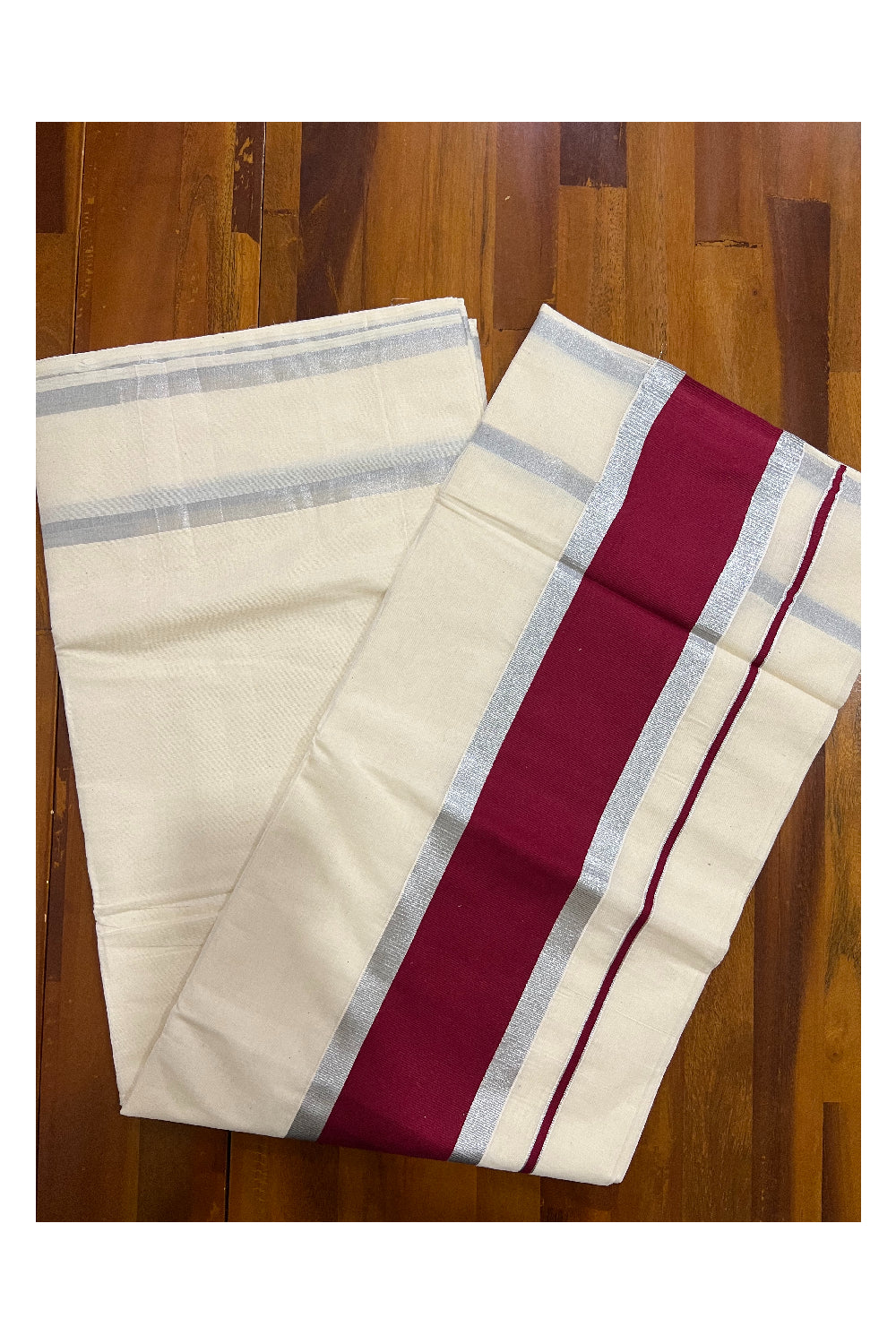 Pure Cotton Kerala Plain Saree with Silver Kasavu and Maroon Pallu